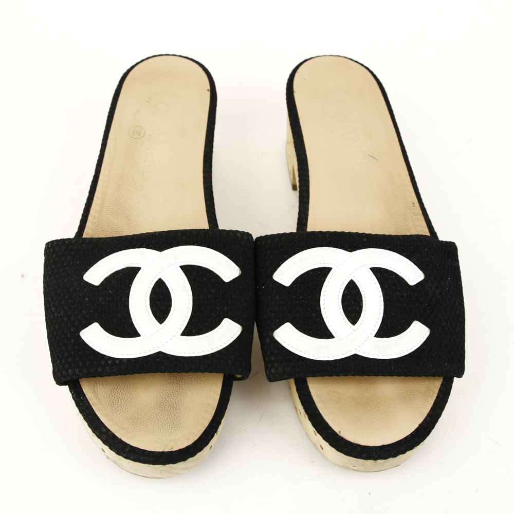 top view of Chanel Black Canvas CC Logo Wooden Slide Sandals