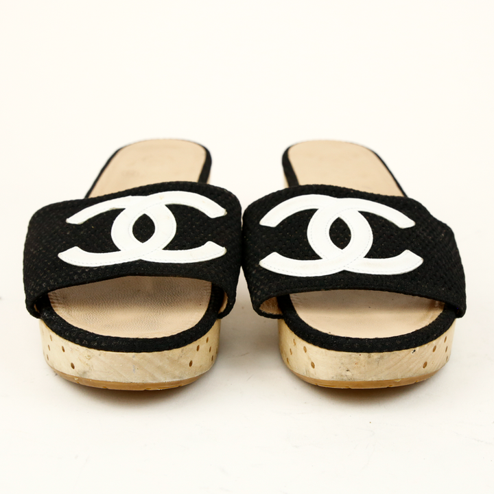 front view of Chanel Black Canvas CC Logo Wooden Slide Sandals