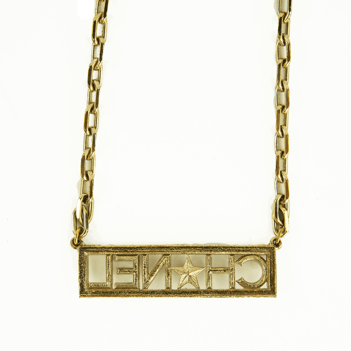 Back view of Chanel Gold & Crystal Nameplate Necklace