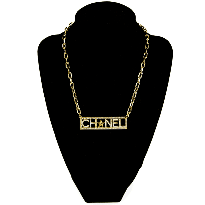 Chanel Gold & Crystal Nameplate Necklace