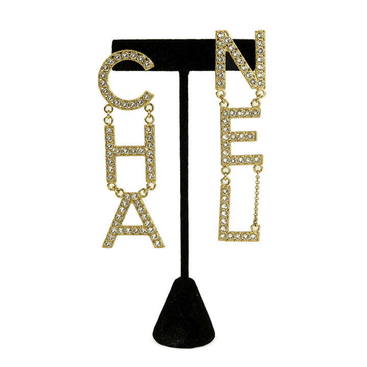 Front view of Chanel Crystal Letter Logo Dangle Earrings